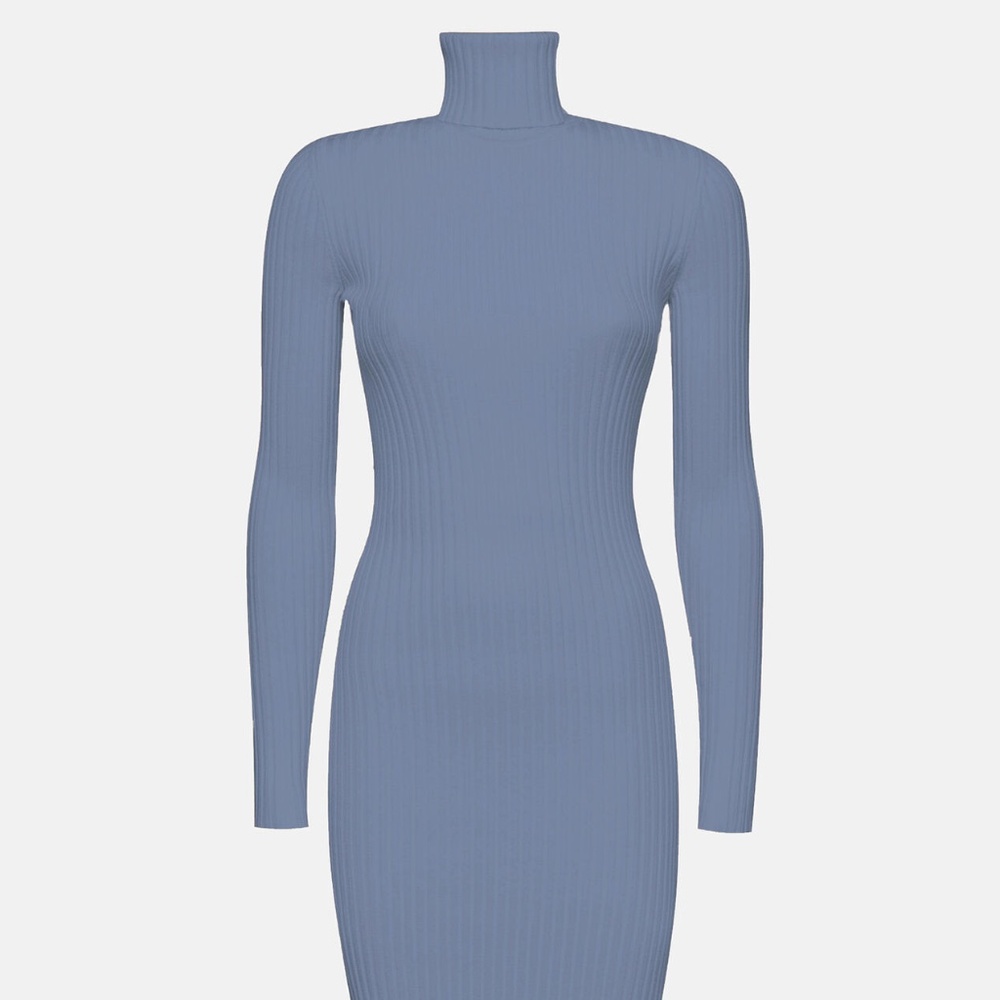 WOLFORD Merino Rib Dress in TEMPEST Light Blue Bodycon Turtleneck size M NEW